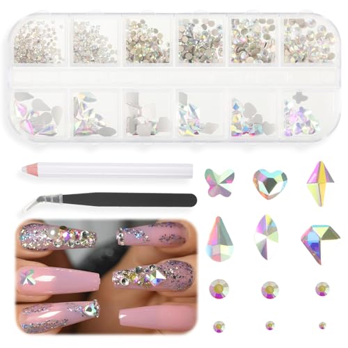 1300 Stück Kristall AB Glitzersteine Strasssteine Nägel, 12-Typen Groß Glitzer Steine, 6-Größen K9 Glas Runde Nagel Steinchen Rhinestones Nailart nageldesign Nagel Charms für Nagelkunst Gesicht von QESSUVNC