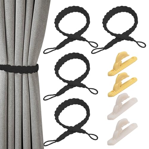 QESSUVNC Curtain Rope Buckle, 4 Stück Baumwolle Strickknoten Geflochtene Window Curtain Raffhalter Dekorative Vorhänge Holdback mit 4 Haken für Wohnzimmer Schlafzimmer Cafe, Schwarz von QESSUVNC