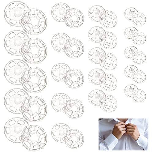 QESSUVNC 100 Paare Druckknöpfe Transparent Kunststoff Knopf Transparente Druckknopf Annähen Unsichtbare Druckknöpfe zum Annähen für DIY Kleidung Knöpfe, 7 mm, 12 mm, 15 mm, 21 mm von QESSUVNC