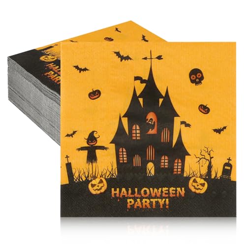 Halloween-Servietten, 50 Stück, Halloween-Papierservietten, Einweg, Halloween-Cocktail-Servietten, orange-schwarzes Schloss, gruseliges Haus, dekorative Abendessen, Handservietten für von QEYMN