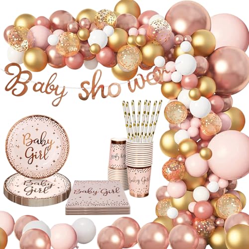 QGGTQG Rosegold Partygeschirr Set Reveal Party Supplies Geschirr Set Rosegold Babyparty Deko Party Supplies Einschließlich Ballon Tischdecke Teller Servietten Becher Strohhalme für 20 Gäste von QGGTQG