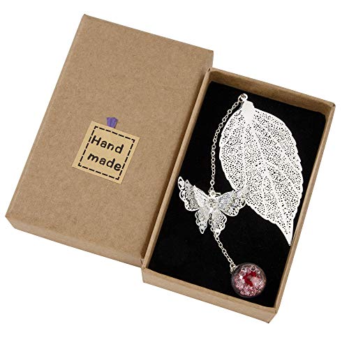 Metall Blatt Lesezeichen mit Elegant Schmetterling und Glasperlen Ewige trockene Blume Anhänger, Ideales Geschenk für Erwachsene, Kinder und Studenten von QH-Shop