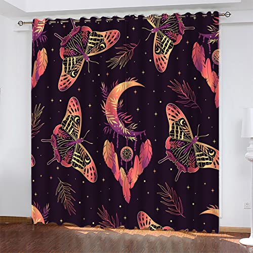 Gardinen Rosa Brauner Schmetterling Vorhänge Verdunklungsvorhänge Vorhang Blickdicht Gardinen Wohnzimmer Curtains Thermovorhang Schallschutz Vorhang Gardinen mit ösen 2 Tabletten 110 x 215 cm von QHDXL