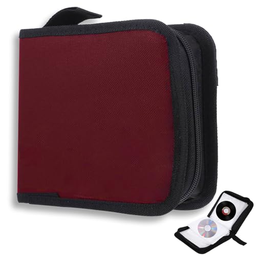 QHKLEW CD Tasche für 40 Disc, CD DVD Discs Aufbewahrungstasche, mit Reißverschluss Oxford Handtaschen, Mappe zur Aufbewahrung, Platzsparend für Auto und Zuhause (rot) von QHKLEW