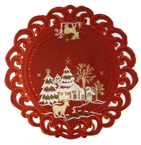 Weihnachtstischdecke-Accessoires – rund 40 cm – Rentier mit weihnachtlicher Landhausstickerei (rot) von QHS