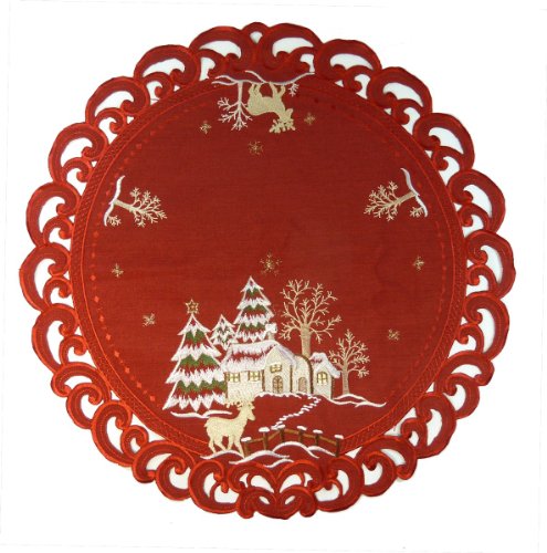 Weihnachtstischdecke-Accessoires – rund 60 cm – Rentier mit weihnachtlicher Landhausstickerei (rot) von QHS