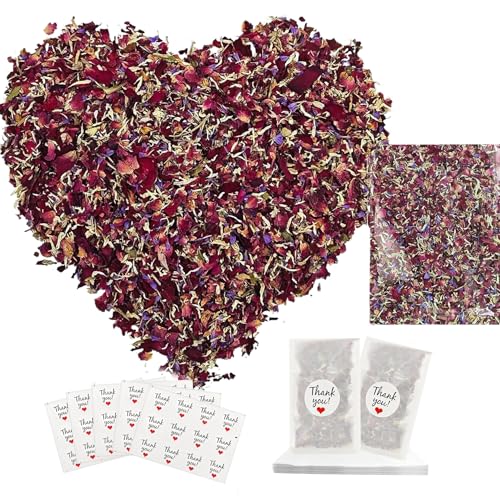 Blütenkonfetti 150g Getrocknete Rosenblätter Konfetti Biologisch Abbaubar mit 50 Pergaminbeutel Konfetti 60 Aufkleber für 50 Gäste, für Hochzeit Vorschlag Geburtstag Party Feiern von QHSXMQ