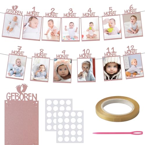 QHSXMQ Fotogirlande Für 1. Geburtstag, Fotobanner Für Geburtstage, Deko Geburtstag Mädchen HäNgende Wanddekoration Für Erster Geburtstag Mädchen, Girlande Personalisiert Ghirlande Foto (Rosa) von QHSXMQ