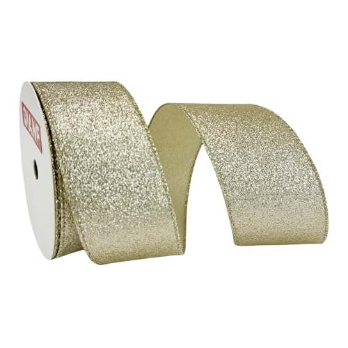 QIANF Glitzerndes Drahtband, Champaign Goldband mit Metallic-Rand, funkelndes Weihnachtsband für Weihnachtsbaumdekoration, Kranz, Schleifenherstellung, Geschenkverpackung, Kranz, 6,3 cm, 9,1 m von QIANF