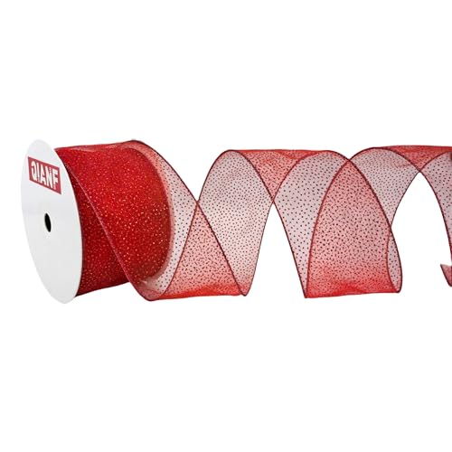 QIANF Rotes Organzaband mit Glitzer-Punkten und metallischem Rand, 6,3 cm x 9,1 m, Organza-Band mit Draht, Weihnachtsband für Baumdekoration, Geschenkverpackung, Kränze, Schleifen von QIANF