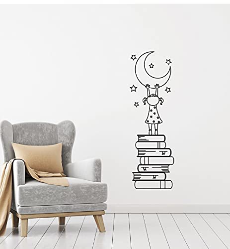 QIANGTOU Mädchen Bücher Mond Sterne Vinyl Aufkleber Wandaufkleber für Kinder Kindergarten Liebe Lesen Wandtattoo Schlafzimmer Wohnkultur Nette Aufkleber 39x120cm von QIANGTOU