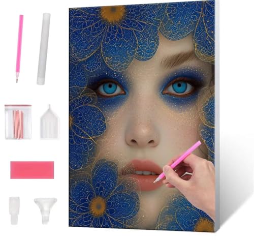 5D Diamond Painting Bilder, Diamant Painting Blue Flowers Girl, Diamond Painting Set für Erwachsene Kinder, Komplettes DIY Diamond Art Malen Stickset, Kreuzstichbilder für Wohnkultur 100x130 cm k-535 von QIANLUOO