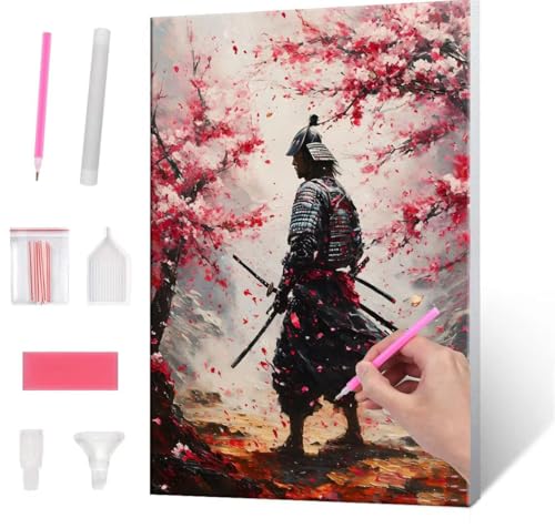 5D Diamond Painting Bilder, Diamant Painting Cherry Blossoms Samurai, Diamond Painting Set für Erwachsene, Komplettes DIY Diamond Art Malen Stickset, Kreuzstichbilder für Wohnkultur 40x50 cm k-975 von QIANLUOO