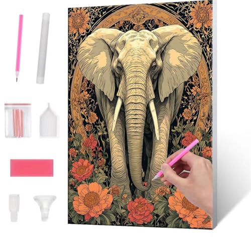 5D Diamond Painting Bilder, Diamant Painting Elephant Flowers, Diamond Painting Set für Erwachsene Kinder, Komplettes DIY Diamond Art Malen Stickset, Kreuzstichbilder für Wohnkultur 40x50 cm k-121 von QIANLUOO