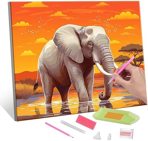 5D Diamond Painting Bilder, Diamant Painting Elephant Sunset, Diamond Painting Set für Erwachsene Kinder, Komplettes DIY Diamond Art Malen Stickset, Kreuzstichbilder für Wohnkultur 100x130 cm k-125 von QIANLUOO