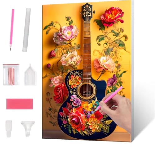 5D Diamond Painting Bilder, Diamant Painting Guitar Flowers, Diamond Painting Set für Erwachsene Kinder, Komplettes DIY Diamond Art Malen Stickset, Kreuzstichbilder für Wohnkultur 70x90 cm k-427 von QIANLUOO