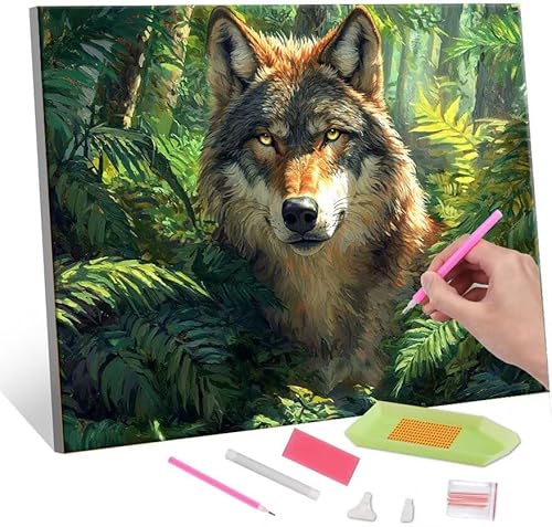 5D Diamond Painting Bilder, Diamant Painting Jungle Wolf, Diamond Painting Set für Erwachsene Kinder, Komplettes DIY Diamond Art Malen Stickset, Kreuzstichbilder für Wohnkultur 70x90 cm k-120 von QIANLUOO