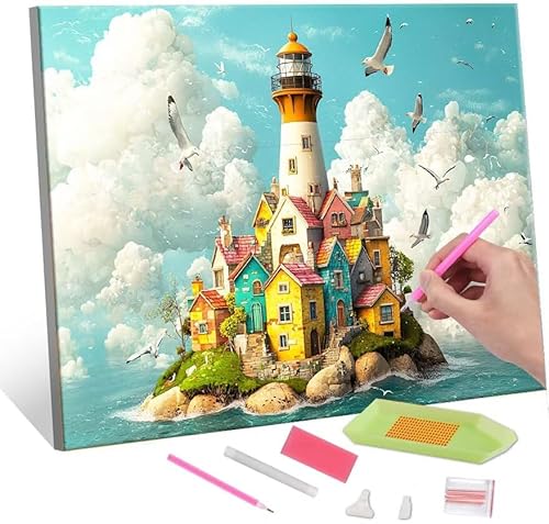 5D Diamond Painting Bilder, Diamant Painting Lighthouse Cabin, Diamond Painting Set für Erwachsene Kinder, Komplettes DIY Diamond Art Malen Stickset, Kreuzstichbilder für Wohnkultur 40x50 cm k-141 von QIANLUOO