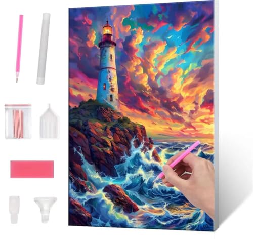 5D Diamond Painting Bilder, Diamant Painting Lighthouse Waves, Diamond Painting Set für Erwachsene Kinder, Komplettes DIY Diamond Art Malen Stickset, Kreuzstichbilder für Wohnkultur 70x90 cm k-134 von QIANLUOO