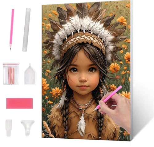 5D Diamond Painting Bilder, Diamant Painting Native American Girl, Diamond Painting Set für Erwachsene Kinder, Komplettes DIY Diamond Art Malen Stickset, Kreuzstichbilder für Wohnkultur 40x50 cm k-973 von QIANLUOO