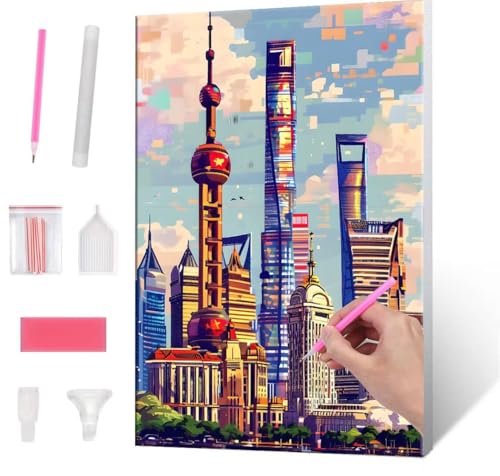 5D Diamond Painting Bilder, Diamant Painting Oriental Pearl TV Tower Tower, Diamond Painting Set für Erwachsene, Komplettes DIY Diamond Art Malen Stickset,Kreuzstichbilder für Wohnkultur 40x50 cm k142 von QIANLUOO