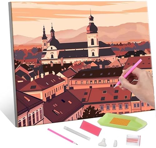 5D Diamond Painting Bilder, Diamant Painting Small town scenery, Diamond Painting Set für Erwachsene Kinder, Komplettes DIY Diamond Art Malen Stickset, Kreuzstichbilder für Wohnkultur 40x50 cm k-943 von QIANLUOO