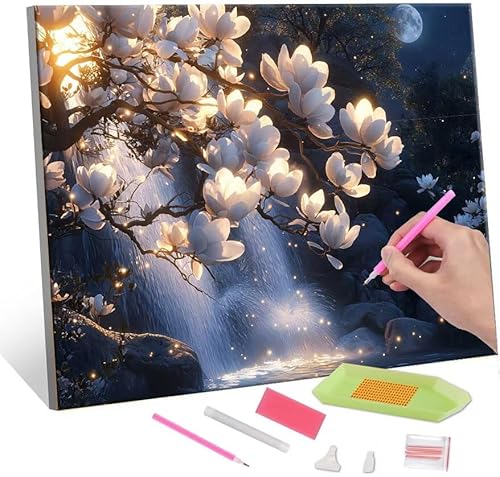 5D Diamond Painting Bilder, Diamant Painting Waterfall Flowers, Diamond Painting Set für Erwachsene Kinder, Komplettes DIY Diamond Art Malen Stickset, Kreuzstichbilder für Wohnkultur 70x90 cm k-714 von QIANLUOO