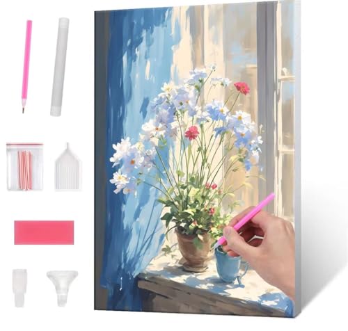 5D Diamond Painting Bilder, Diamant Painting Window sill Flowers, Diamond Painting Set für Erwachsene Kinder, Komplettes DIY Diamond Art Malen Stickset, Kreuzstichbilder für Wohnkultur 40x50 cm k-112 von QIANLUOO