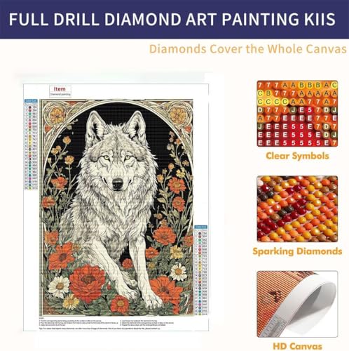 5D Diamond Painting Bilder, Diamant Painting Wolf Flowers, Diamond Painting Set für Erwachsene Kinder, Komplettes DIY Diamond Art Malen Stickset, Kreuzstichbilder für Wohnkultur 40x50 cm k-541 von QIANLUOO