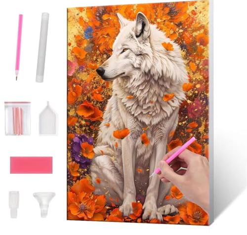 5D Diamond Painting Bilder, Diamant Painting Wolf Flowers, Diamond Painting Set für Erwachsene Kinder, Komplettes DIY Diamond Art Malen Stickset, Kreuzstichbilder für Wohnkultur 40x50 cm k-543 von QIANLUOO