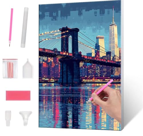 Diamond Painting Erwachsene, Diamant Painting Bilder Brooklyn Bridge 5D DIY Diamant Malerei Cross Stitch Stickerei Kunsthandwerk Set Geeignet Als Geschenk, Zur Entspannung und Als Wanddeko 35x50cm J51 von QIANLUOO