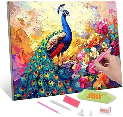 Diamond Painting Erwachsene, Diamant Painting Bilder Color Peacock 5D DIY Diamant Malerei Cross Stitch Stickerei Kunsthandwerk Set Geeignet Als Geschenk, Zur Entspannung und Als Wanddeko 35x50cm J-71 von QIANLUOO