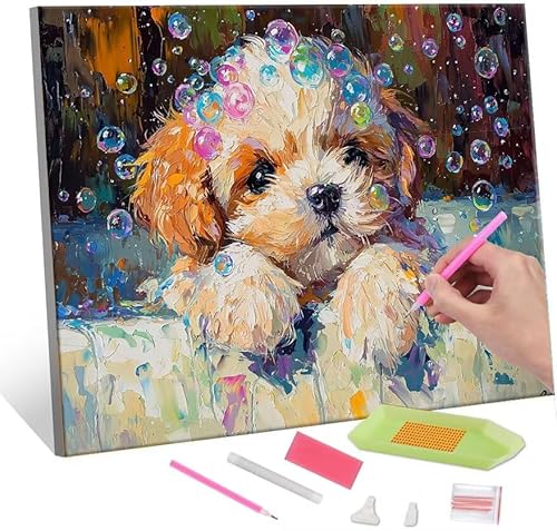 Diamond Painting Erwachsene, Diamant Painting Bilder Cute Dog 5D DIY Diamant Malerei Cross Stitch Stickerei Kunsthandwerk Set Geeignet Als Geschenk, Zur Entspannung und Als Wanddeko 35x50cm J-491 von QIANLUOO