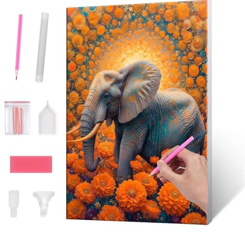 Diamond Painting Erwachsene, Diamant Painting Bilder Elephant Flowers 5D DIY Diamant Malerei Stickerei Kunsthandwerk Set Geeignet Als Geschenk, Zur Entspannung und Als Wanddeko 90x120cm J-123 von QIANLUOO