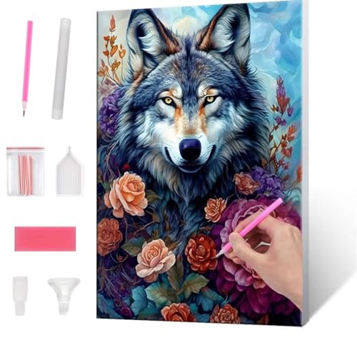 Diamond Painting Erwachsene, Diamant Painting Bilder Flowers Wolf 5D DIY Diamant Malerei Cross Stitch Stickerei Kunsthandwerk Set Geeignet Als Geschenk, Zur Entspannung und Als Wanddeko 35x50cm J-375 von QIANLUOO