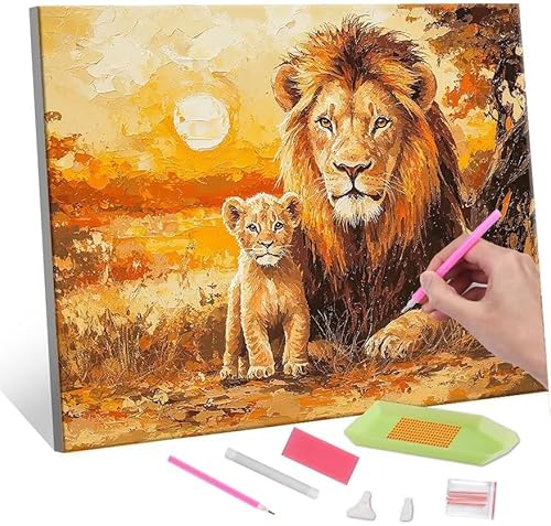 Diamond Painting Erwachsene, Diamant Painting Bilder Grassland Lion 5D DIY Diamant Malerei Cross Stitch Stickerei Kunsthandwerk Set Geeignet Als Geschenk, Zur Entspannung und Als Wanddeko 35x50cm J-82 von QIANLUOO