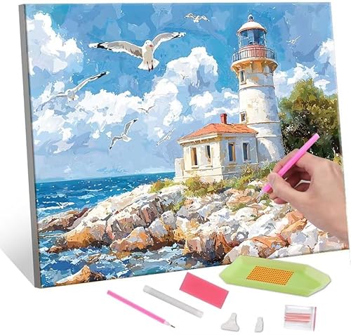 Diamond Painting Erwachsene, Diamant Painting Bilder Lighthouse Seagull 5D DIY Diamant Malerei Stickerei Kunsthandwerk Set Geeignet Als Geschenk, Zur Entspannung und Als Wanddeko 90x120cm J-140 von QIANLUOO