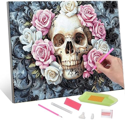 Diamond Painting Erwachsene, Diamant Painting Bilder Skull Flowers 5D DIY Diamant Malerei Cross Stitch Stickerei Kunsthandwerk Set Geeignet Als Geschenk, Zur Entspannung und Als Wanddeko 35x50cm J-529 von QIANLUOO