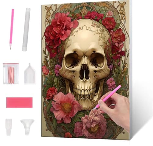 Diamond Painting Erwachsene, Diamant Painting Bilder Skull Flowers 5D DIY Diamant Malerei Cross Stitch Stickerei Kunsthandwerk Set Geeignet Als Geschenk, Zur Entspannung und Als Wanddeko 35x50cm J-527 von QIANLUOO