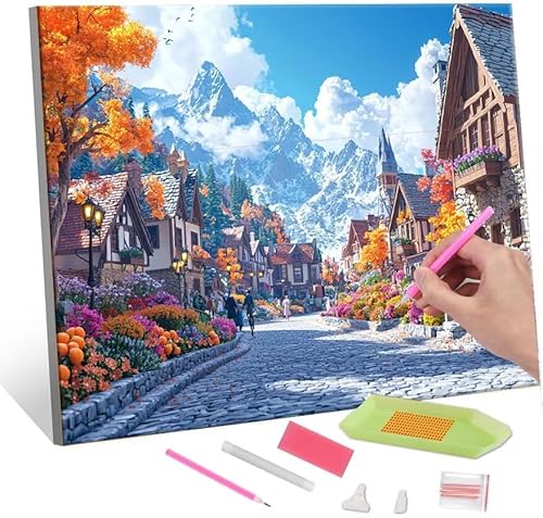 Diamond Painting Erwachsene, Diamant Painting Bilder Small town scenery 5D DIY Diamant Malerei Stickerei Kunsthandwerk Set Geeignet Als Geschenk, Zur Entspannung und Als Wanddeko 90x120cm J-941 von QIANLUOO