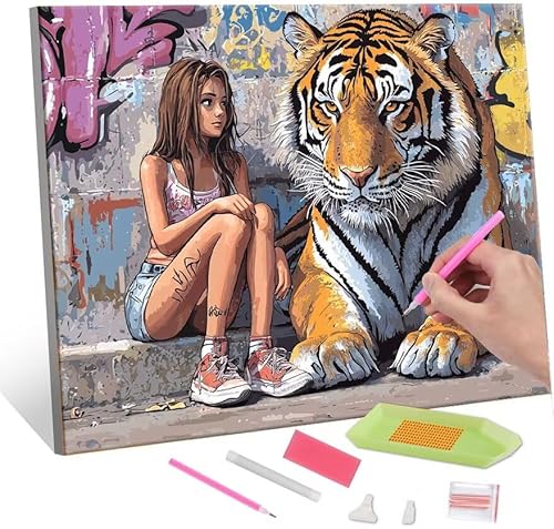 Diamond Painting Erwachsene, Diamant Painting Bilder Tiger Girl 5D DIY Diamant Malerei Cross Stitch Stickerei Kunsthandwerk Set Geeignet Als Geschenk, Zur Entspannung und Als Wanddeko 35x50cm J-557 von QIANLUOO