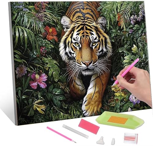 Diamond Painting Erwachsene, Diamant Painting Bilder Tiger Jungle 5D DIY Diamant Malerei Cross Stitch Stickerei Kunsthandwerk Set Geeignet Als Geschenk, Zur Entspannung und Als Wanddeko 35x50cm J-556 von QIANLUOO