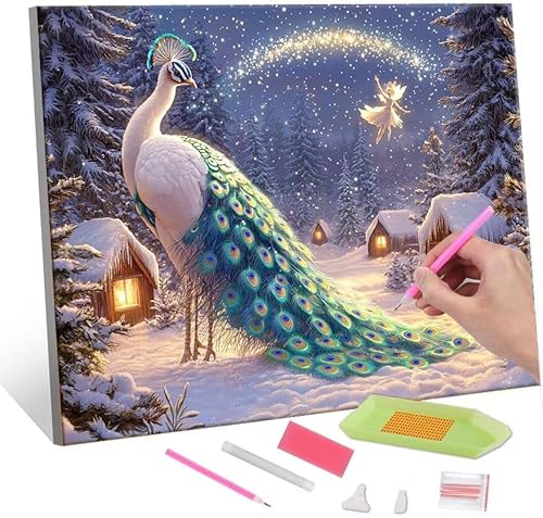 Diamond Painting Erwachsene, Diamant Painting Bilder Winter Peacock 5D DIY Diamant Malerei Cross Stitch Stickerei Kunsthandwerk Set Geeignet Als Geschenk, Zur Entspannung und Als Wanddeko 35x50cm J148 von QIANLUOO