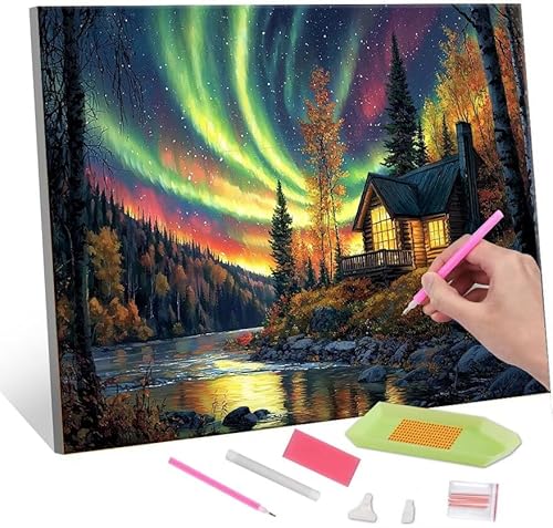 Diamond Painting Erwachsene Kinder, 5D Aurora Cabin Diamant Painting Bilder Anfänger, DIY Runder Vollbohrer Diamanten Malerei Stickerei Set Kreuzstich Geschenke Home Wand Dekorieren 50x70cm H-431 von QIANLUOO