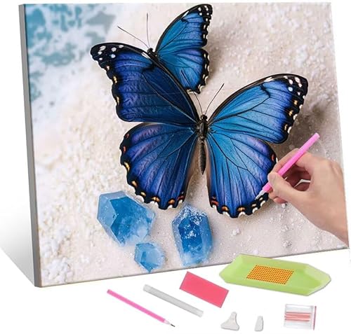 Diamond Painting Erwachsene Kinder, 5D Blue Butterfly Diamant Painting Bilder Anfänger, DIY Runder Vollbohrer Diamanten Malerei Stickerei Set Kreuzstich Geschenke Home Wand Dekorieren 30x40cm H-538 von QIANLUOO