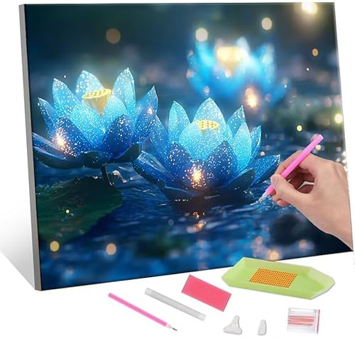 Diamond Painting Erwachsene Kinder, 5D Blue Lotus Diamant Painting Bilder Anfänger, DIY Runder Vollbohrer Diamanten Malerei Stickerei Set Kreuzstich Frauen Geschenke Home Wand Dekorieren 30x40cm H-536 von QIANLUOO