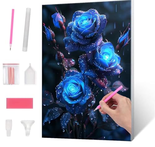 Diamond Painting Erwachsene Kinder, 5D Blue rose Diamant Painting Bilder Anfänger, DIY Runder Vollbohrer Diamanten Malerei Stickerei Set Kreuzstich Frauen Geschenke Home Wand Dekorieren 30x40cm H-537 von QIANLUOO