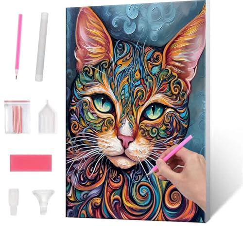 Diamond Painting Erwachsene Kinder, 5D Color Cat Diamant Painting Bilder Anfänger, DIY Runder Vollbohrer Diamanten Malerei Stickerei Set Kreuzstich Frauen Geschenke Home Wand Dekorieren 50x70cm H-62 von QIANLUOO