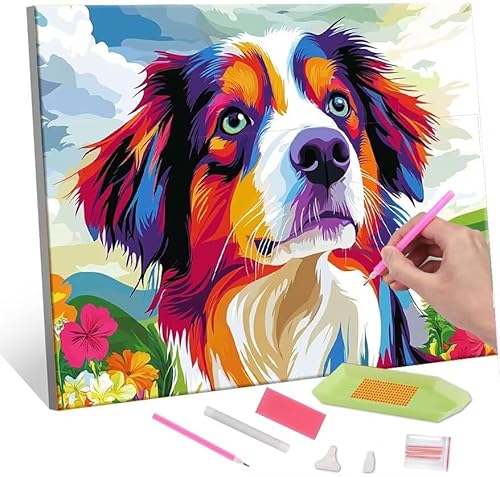 Diamond Painting Erwachsene Kinder, 5D Color Dog Diamant Painting Bilder Anfänger, DIY Runder Vollbohrer Diamanten Malerei Stickerei Set Kreuzstich Frauen Geschenke Home Wand Dekorieren 80x110cm H-66 von QIANLUOO