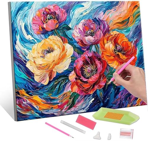 Diamond Painting Erwachsene Kinder, 5D Color Peony Flowers Diamant Painting Bilder Anfänger, DIY Runder Vollbohrer Diamanten Malerei Stickerei Set Kreuzstich Geschenke Home Wand Dekor 30x40cm H-72 von QIANLUOO